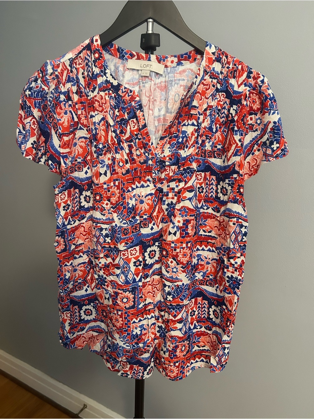 LOFT Red White and Blue Printed Short Sleeve Blouse